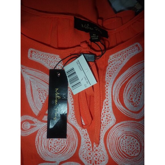 Melissa Page Womens M Embroidered Orange Boho Blouse Tie Neck & Long Sleeves New - Picture 6 of 6